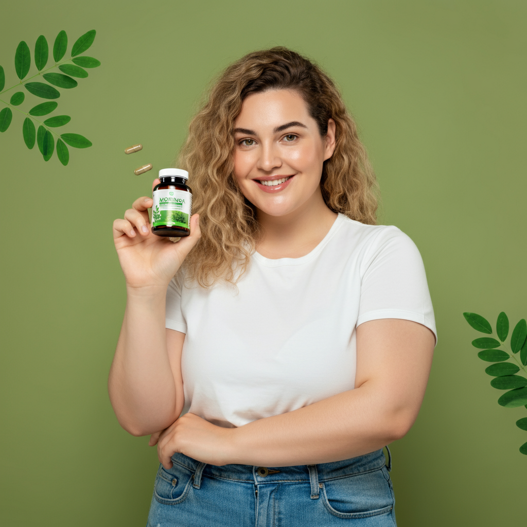 Confident lightly overweight woman smiling and holding a bottle of moringa capsules, with a natural greenery background emphasizing health and vitality.