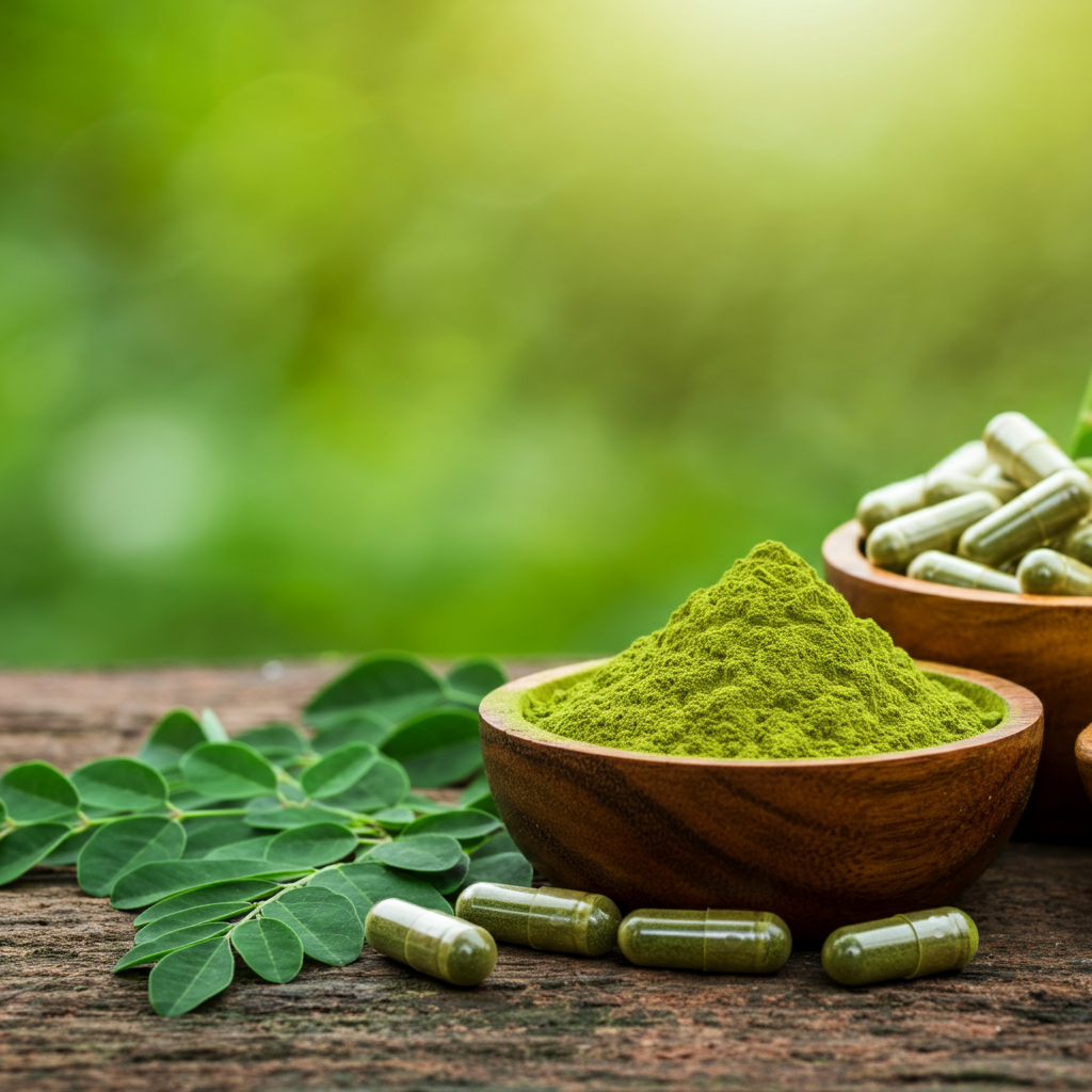 Fresh moringa leaves, powder in a wooden bowl, and capsules on a rustic wooden surface with natural greenery background