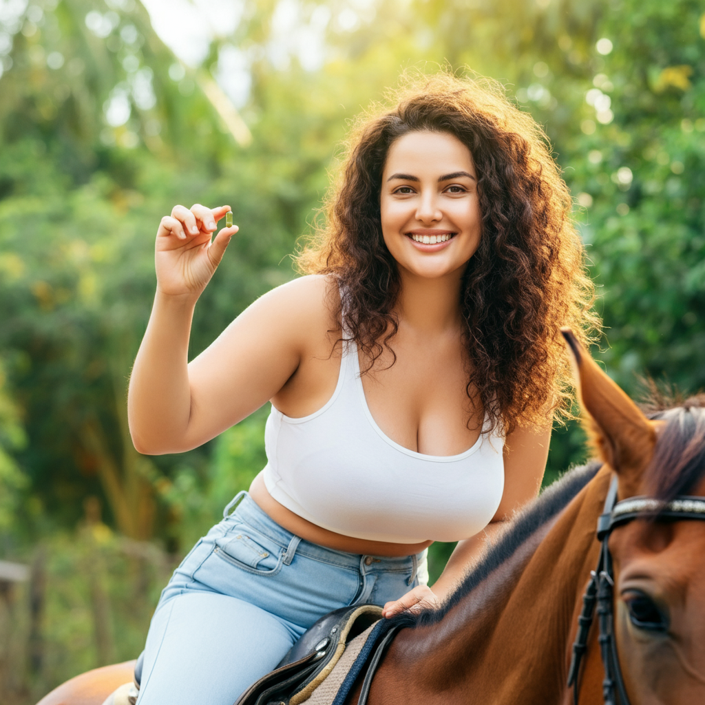 Healthy and energetic woman riding a horse in a lush natural setting, radiating vitality as she takes moringa capsules every morning