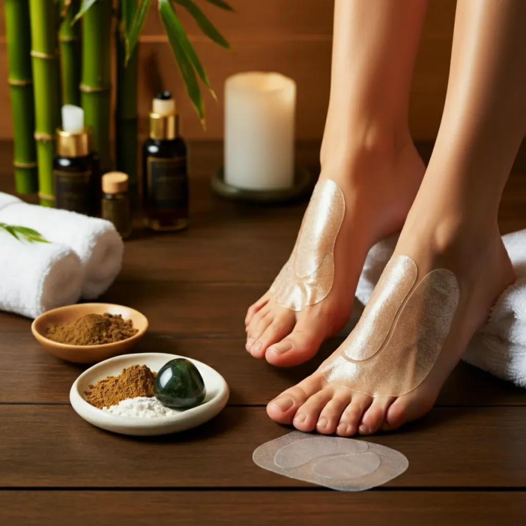 Detox foot patches on feet with natural ingredients in a spa setting