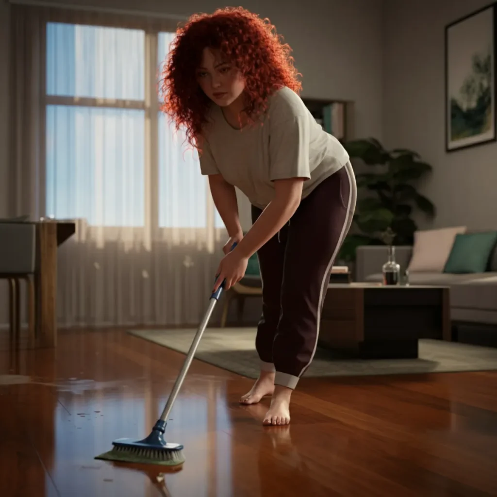 woman cleaning wooden floor, cozy home, detox your body, natural lifestyle, healthy living.