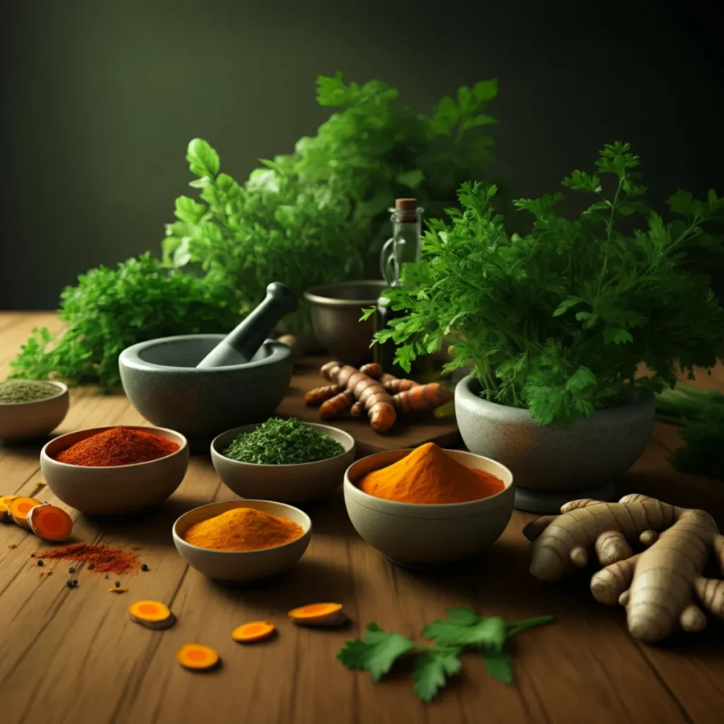 Culinary herbs, turmeric, parsley, ginger, detox your body, rustic kitchen, natural ingredients, healthy cooking.